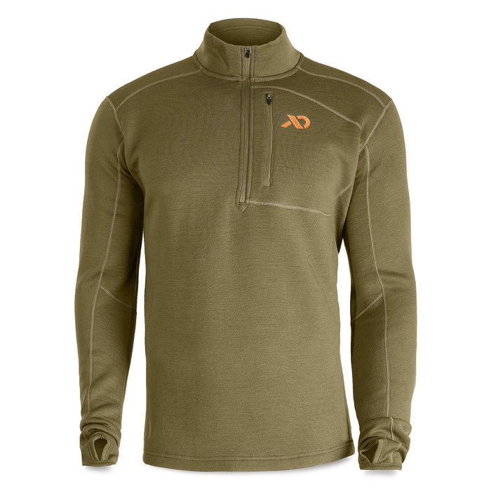 Olive green long-sleeve quarter-zip top featuring a zippered chest pocket, orange logo, and thumb loops.