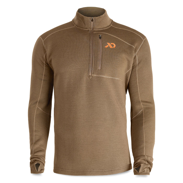 Brown quarter-zip long-sleeve pullover with zippered chest pocket, orange logo, visible flatlock seams, and thumbholes.