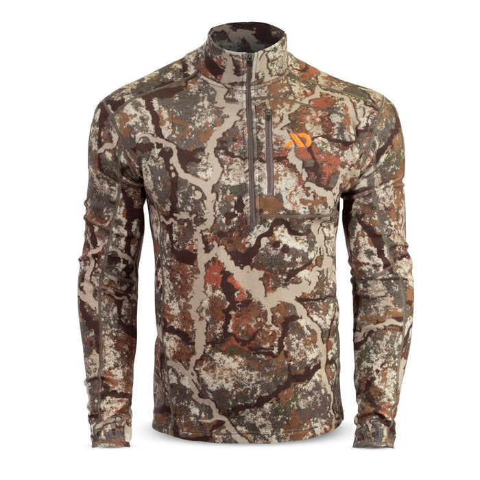 Earth-toned camouflage quarter-zip hunting shirt with a zippered chest pocket, orange logo, and thumb loops.