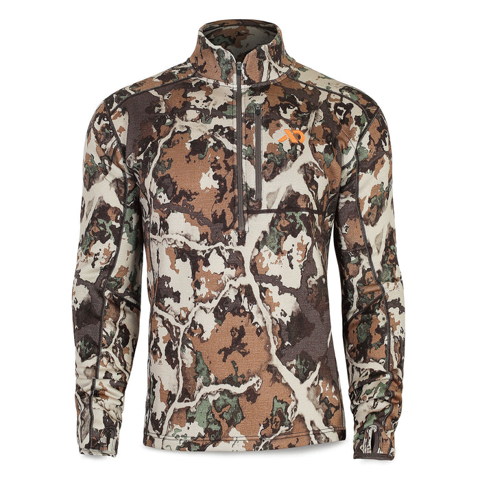 Camouflage quarter-zip top featuring a branch-like pattern in brown, green, and cream, with a zippered chest pocket, thumbholes, and an orange logo.