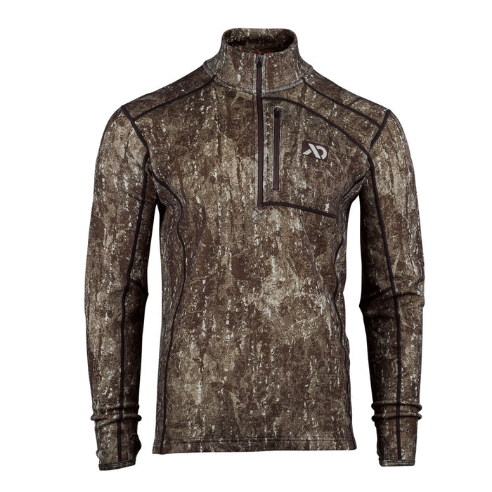 Brown and tan tree bark camouflage 1/4-zip long-sleeve top with a zippered chest pocket and thumbholes.