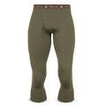 Olive green 3/4 length men's base layer bottoms featuring a 'FIRST LITE' branded elastic waistband and a fly.