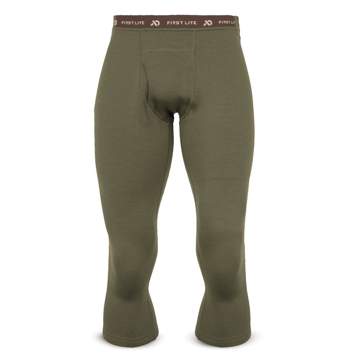 Olive green 3/4 length men's base layer bottoms featuring a 'FIRST LITE' branded elastic waistband and a fly.