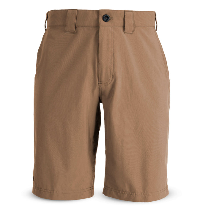 Tan flat-front shorts with a dark button closure, belt loops, and side pockets.