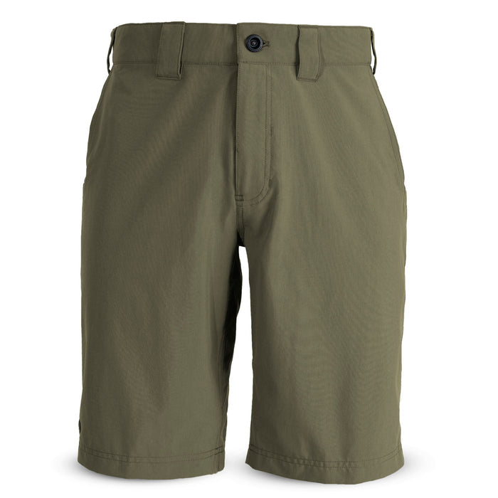 Olive green shorts with a front button closure, belt loops, and front pockets.