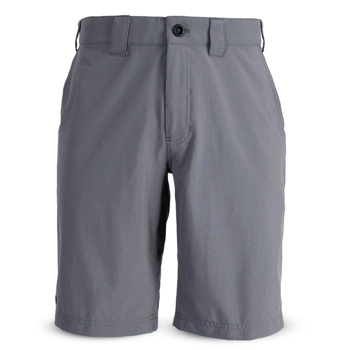 Gray shorts with a front button closure, belt loops, and a small orange tag on the left leg.