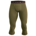 Olive green 3/4 length base layer pants with a brown First Lite logo waistband and a front fly.
