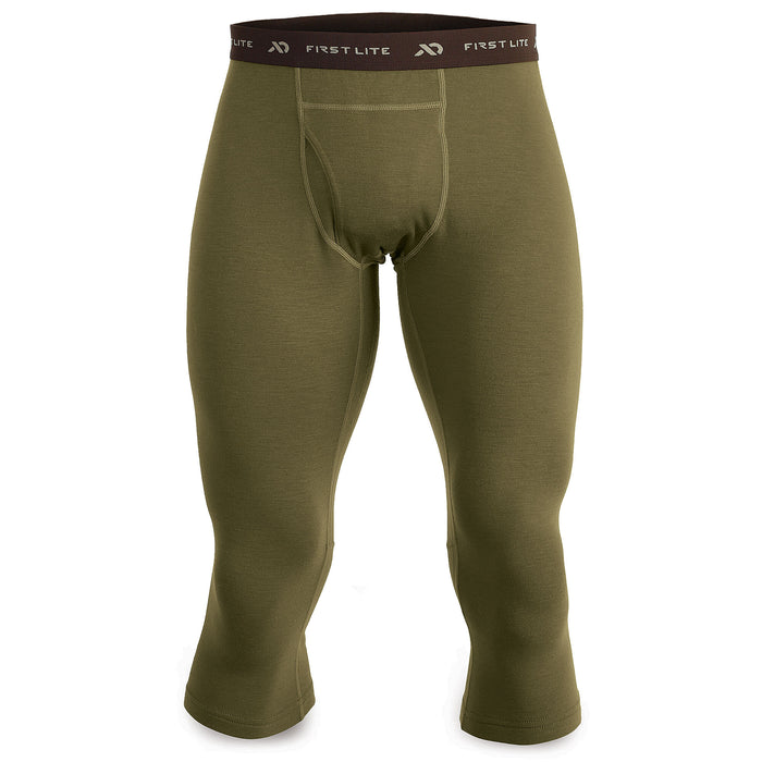 Olive green 3/4 length base layer pants with a brown First Lite logo waistband and a front fly.