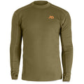 Olive green long-sleeve base layer shirt with an orange logo on the chest, visible flatlock seams, and thumb loops at the cuffs.