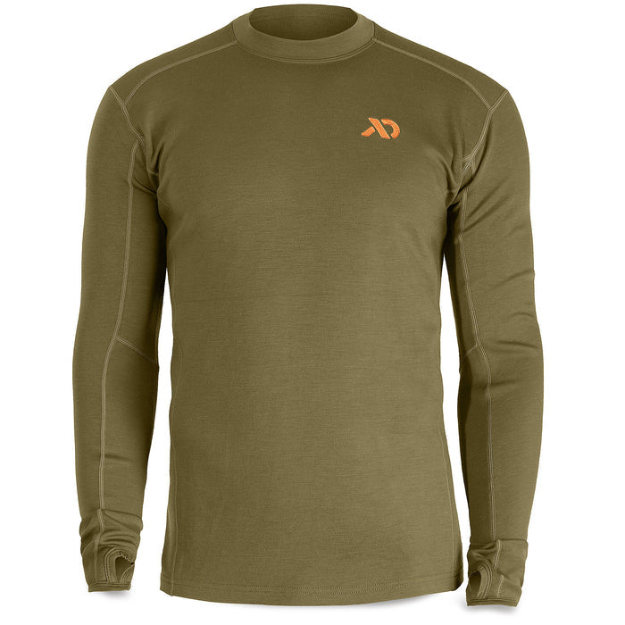 Olive green long-sleeve base layer shirt with an orange logo on the chest, visible flatlock seams, and thumb loops at the cuffs.