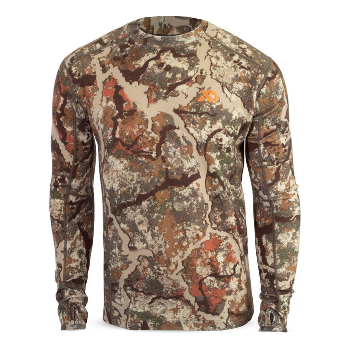 Camouflage long-sleeve crew neck shirt with an orange chest logo and thumbholes.