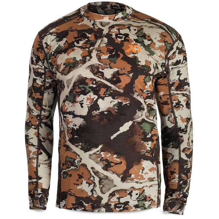 A long-sleeve camouflage base layer shirt in brown, tan, green, and dark tones, featuring a mock neck, contrasting dark stitching, an orange chest logo, and thumbholes.