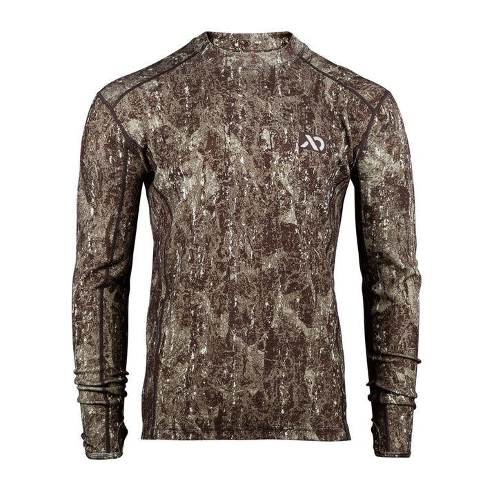 Brown and tan mottled long-sleeve shirt featuring a mock neck, white chest logo, and raglan sleeves with thumbholes.