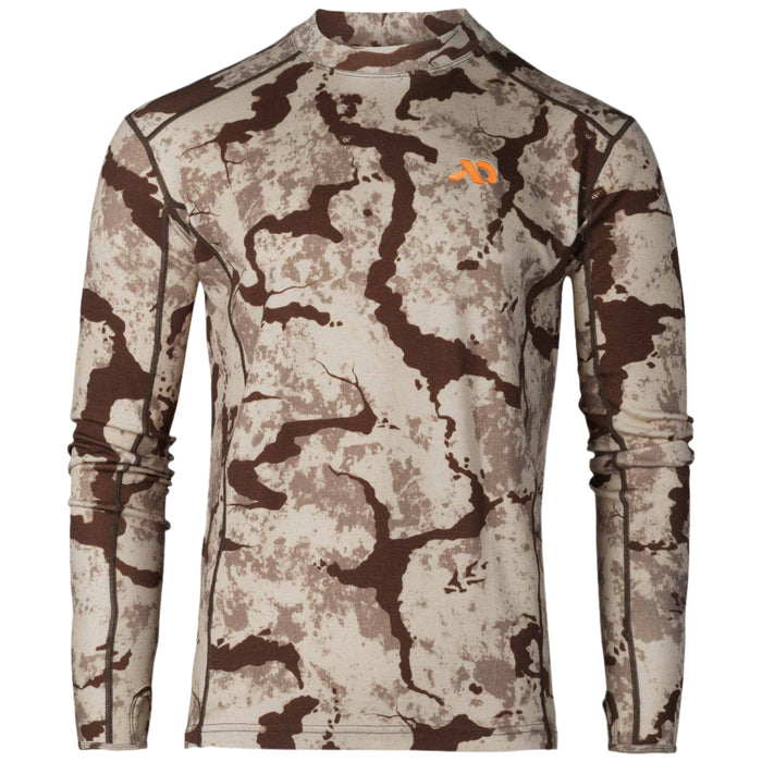Desert camouflage long-sleeve mock neck base layer shirt with an orange chest logo and thumbholes.