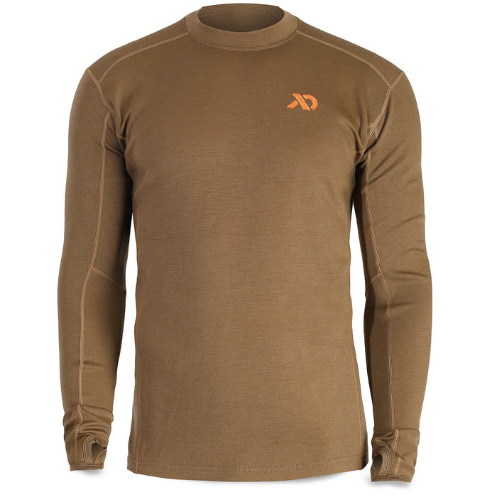 Coyote brown long-sleeve base layer shirt with an orange logo, contrast stitching, and thumbholes.