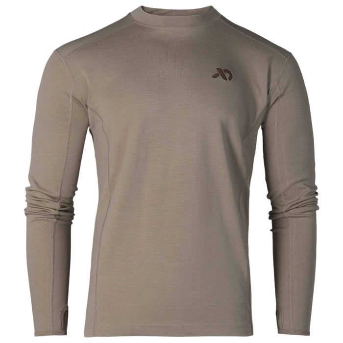 Taupe long-sleeve base layer top with a crew neck, visible flatlock seams, thumbholes, and a dark brown logo on the left chest.