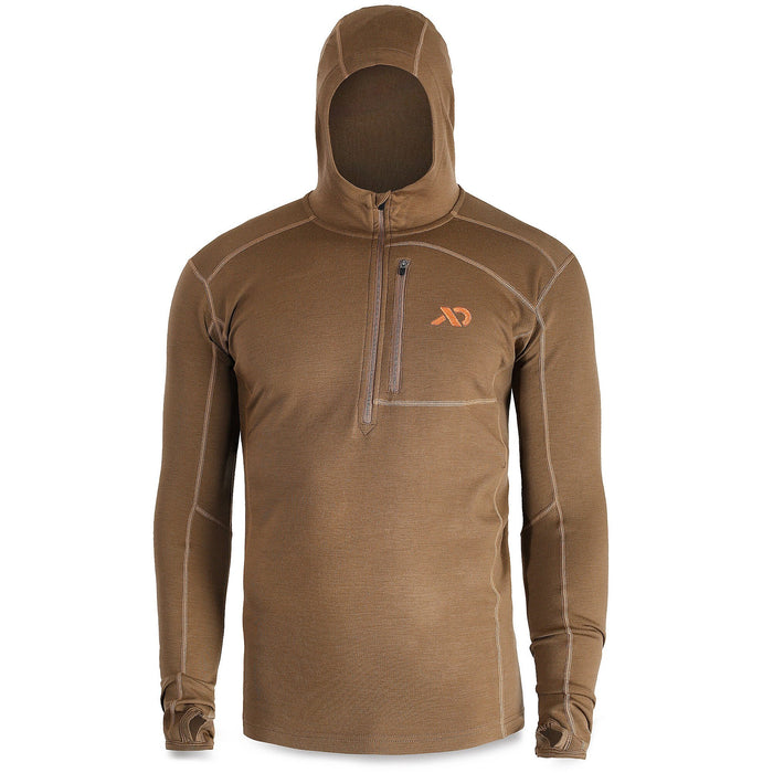 Brown hooded long-sleeve top featuring a quarter-zip, zippered chest pocket, orange logo, and thumbholes.