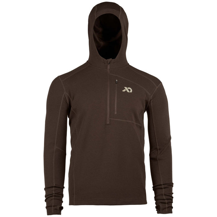 Dark brown hooded pullover with a quarter-zip, a zippered pocket on the left chest, a logo on the right chest, and thumbholes.