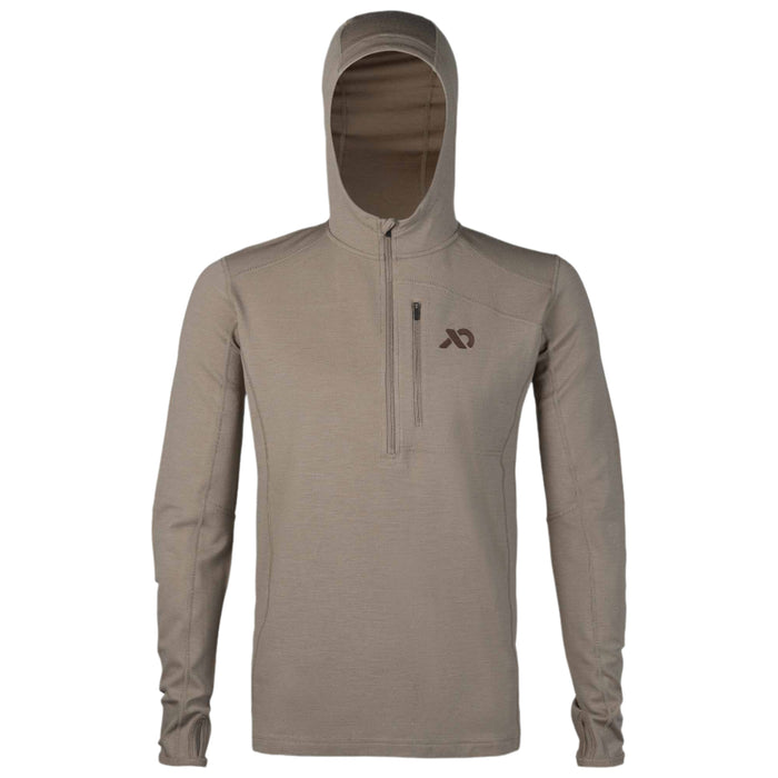 Tan hooded long-sleeve shirt with a quarter-zip, zippered chest pocket, logo, and thumbholes.