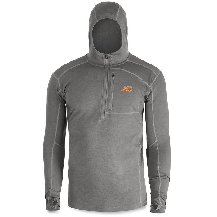 Gray hooded quarter-zip long-sleeve shirt with an orange logo, zippered chest pocket, and thumb loops.