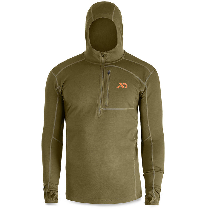 Olive green hooded base layer with a quarter-zip neckline, zippered chest pocket, orange logo, and thumbholes.