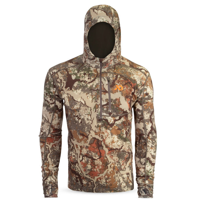 Camouflage hooded long-sleeve shirt with a quarter zip, zippered chest pocket, and thumb loops.