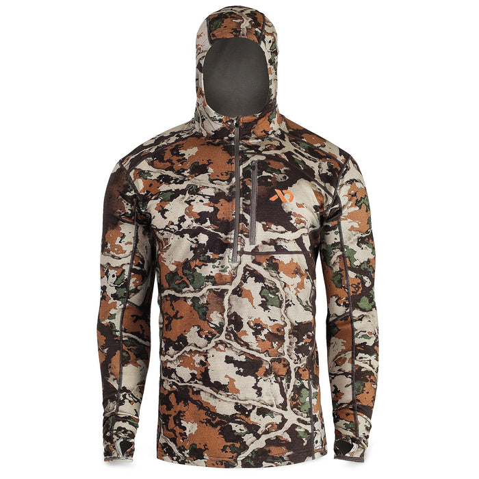 Men's hooded quarter-zip pullover in brown, green, and tan camouflage, featuring a zippered chest pocket and thumbholes.