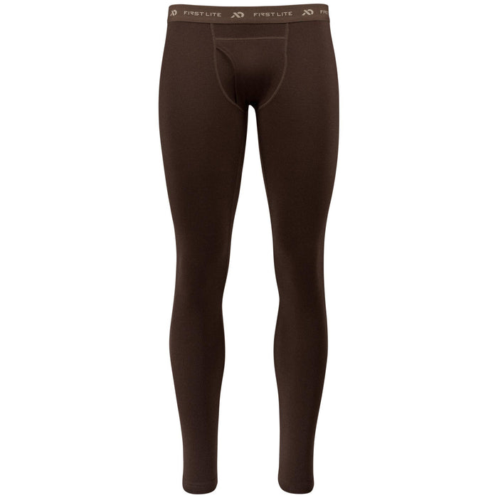 Brown base layer leggings with a First Lite branded elastic waistband and a front pouch.