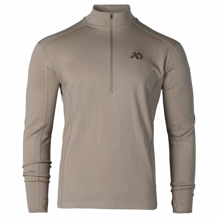 Taupe long-sleeved quarter-zip base layer top with a mock neck, brand logo, flatlock seams, and thumbholes.