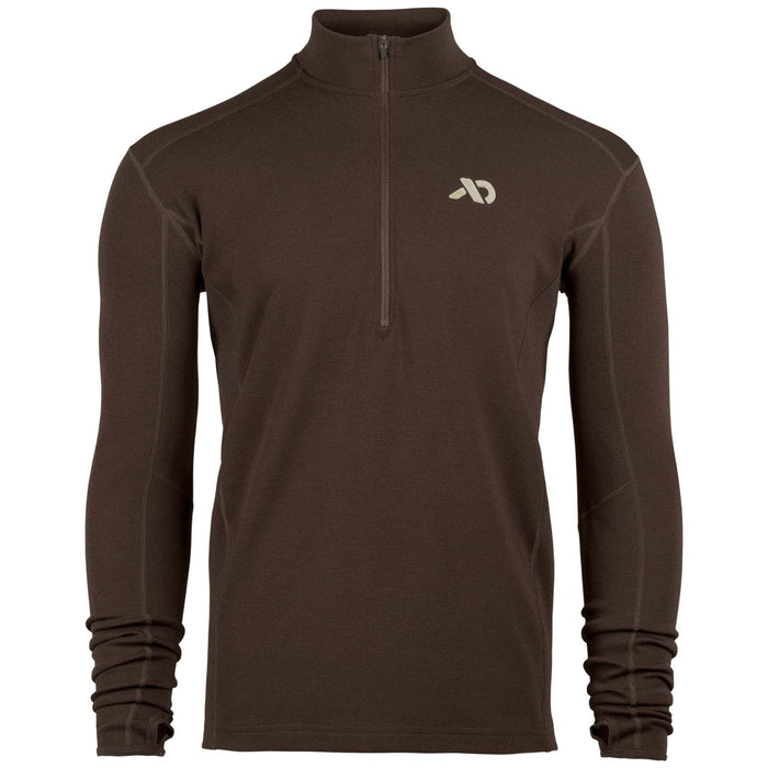 Dark brown quarter-zip long-sleeve shirt with a tan chest logo, visible flatlock seams, and thumbholes on the cuffs.