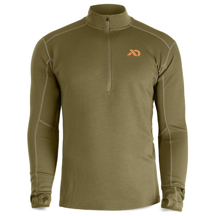 Olive green long-sleeve base layer with a 1/4 zip, orange chest logo, visible light stitching, and thumbholes on the cuffs.