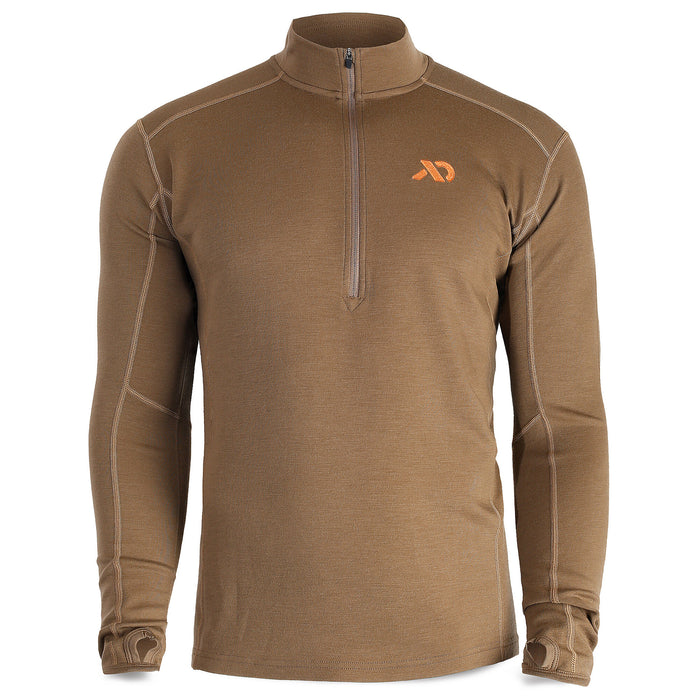 Brown long-sleeve quarter-zip shirt with an orange logo, visible flatlock seams, and thumbholes.