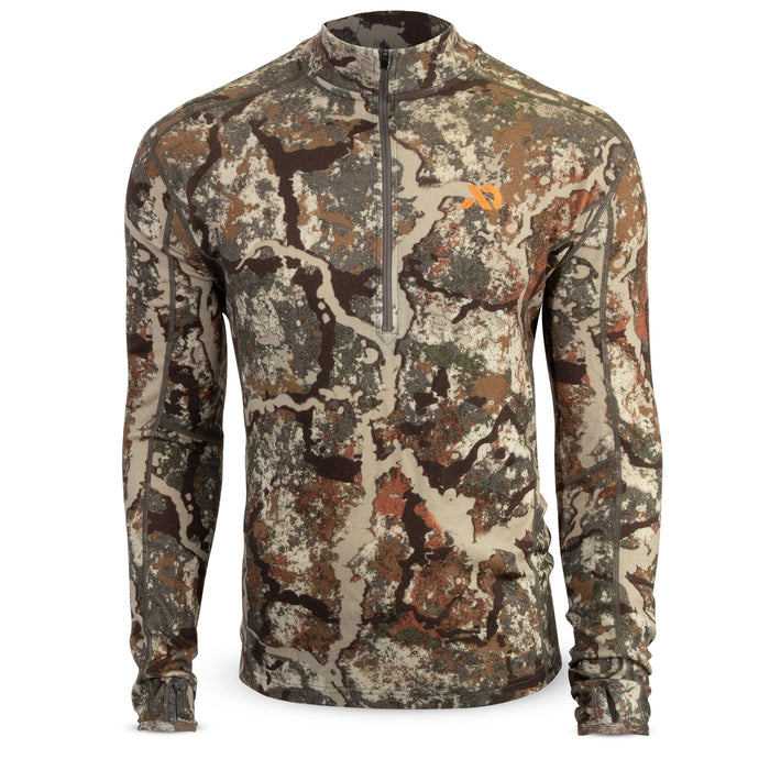 Long-sleeve base layer shirt in brown and tan camouflage with a quarter-zip collar and an orange logo.