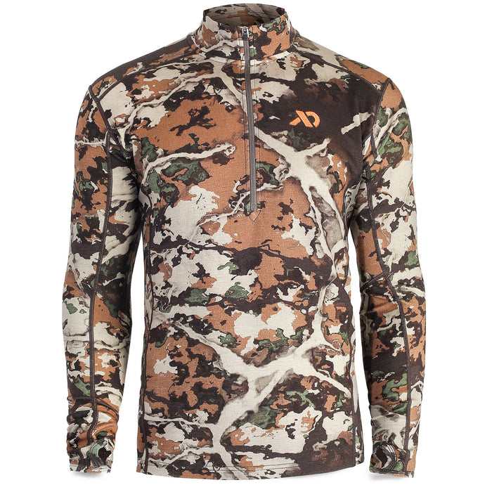 Camouflage long-sleeve quarter-zip top with brown, tan, green, and white pattern, an orange chest logo, and thumbholes.