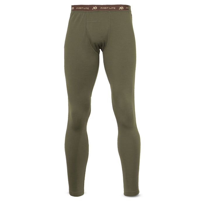 Olive green thermal pants with a brown First Lite logo elastic waistband and a functional fly.