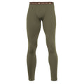 Olive green thermal pants with a brown First Lite logo elastic waistband and a functional fly.