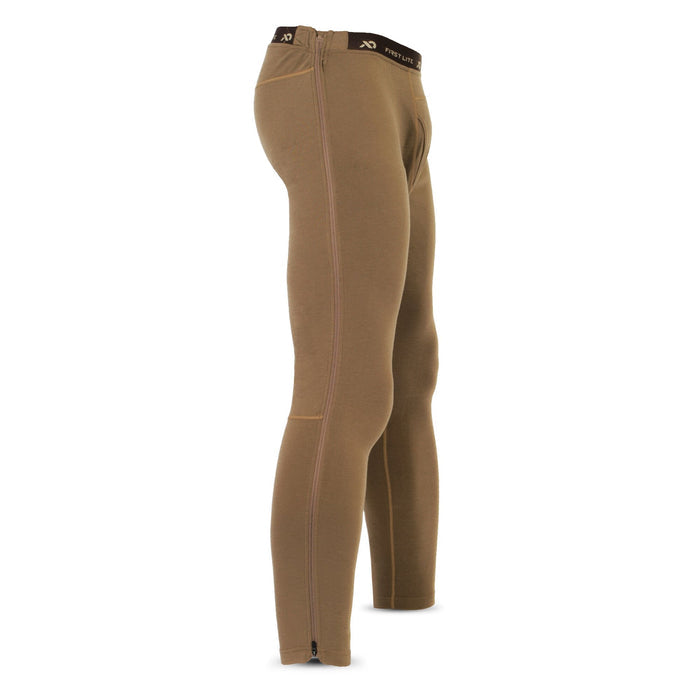 Coyote brown base layer leggings with full-length side zippers, ankle zippers, and a First Lite branded elastic waistband.