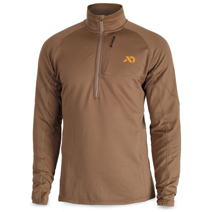 Brown long-sleeve quarter-zip shirt with a textured fabric, stand-up collar, zippered left chest pocket, and orange logo on the right chest.