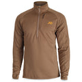 Brown long-sleeve quarter-zip shirt with a textured fabric, stand-up collar, zippered left chest pocket, and orange logo on the right chest.
