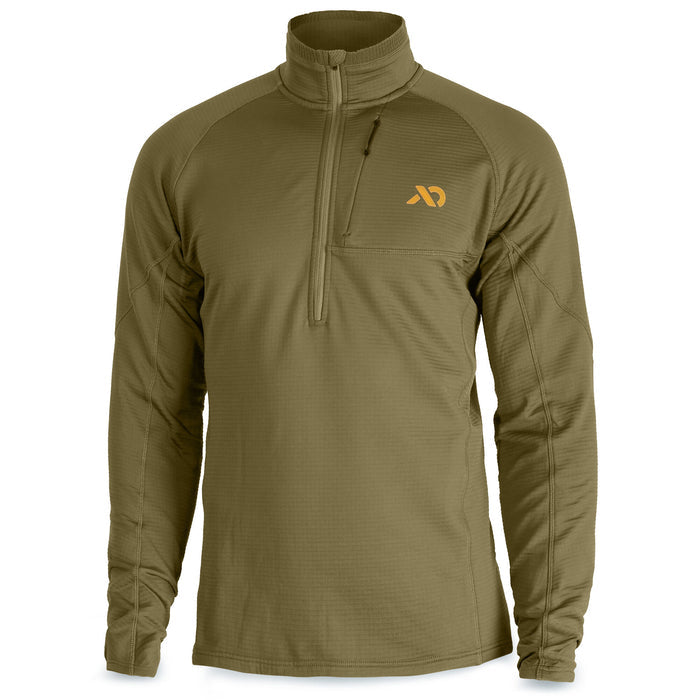 Olive green textured quarter-zip long-sleeve shirt with an orange logo and zippered chest pocket.