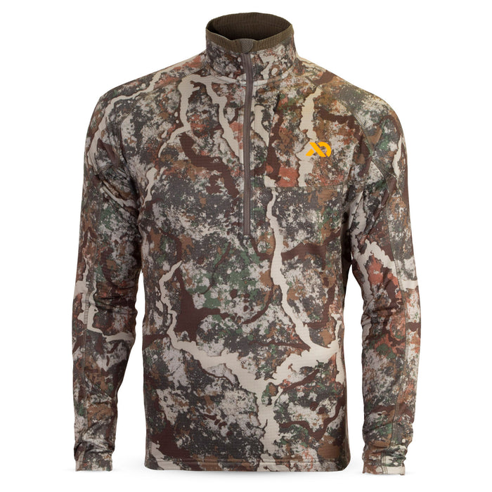 Men's long-sleeve quarter-zip pullover in multi-color camouflage with a ribbed collar and orange chest logo.
