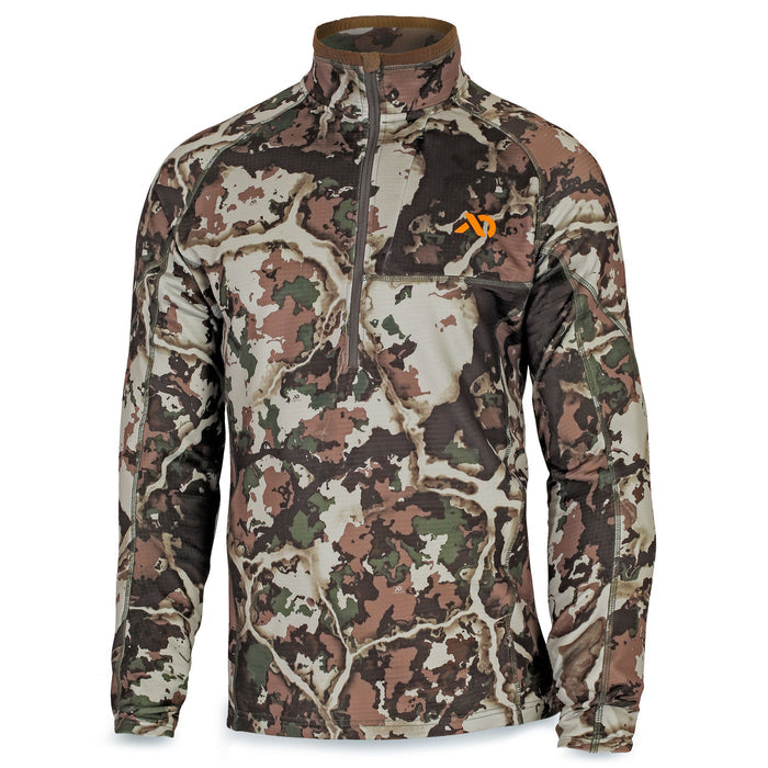 Multi-toned camouflage long-sleeve quarter-zip shirt with an orange chest logo.
