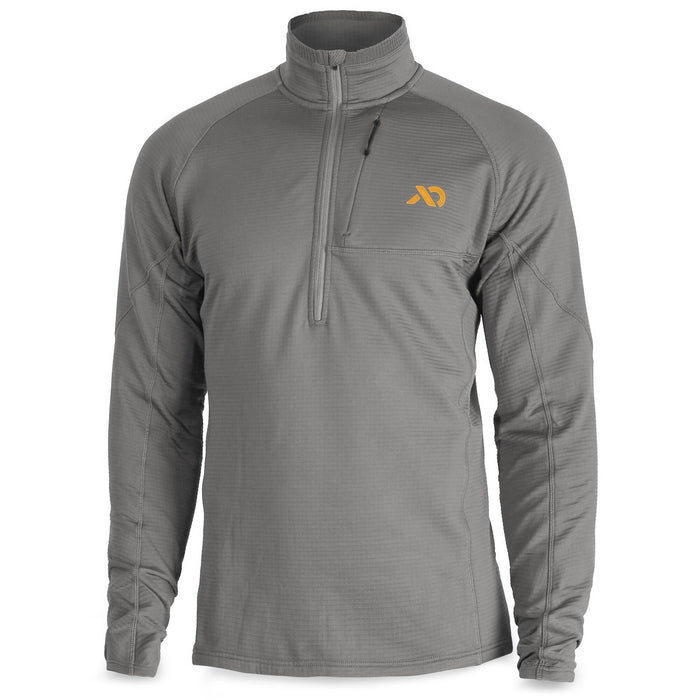 Grey long-sleeve quarter-zip shirt with raglan sleeves, a textured fabric, a zippered chest pocket, and an orange logo.