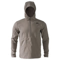 Taupe hooded quarter-zip jacket with quilted insulation and a black logo on the left chest.