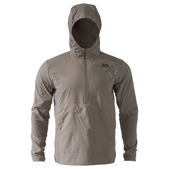 Taupe hooded quarter-zip jacket with quilted insulation and a black logo on the left chest.