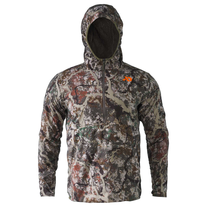 Camouflage hooded pullover jacket with a quarter-zip front and an orange chest logo.