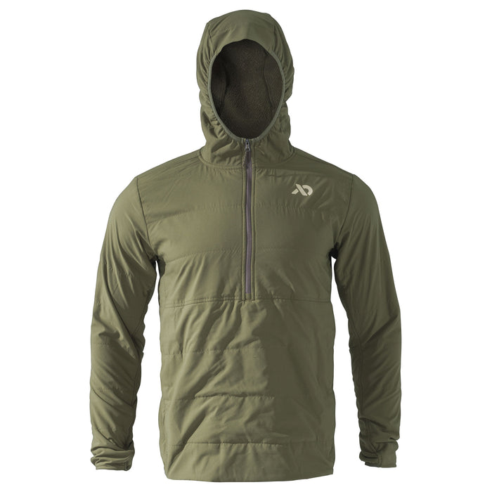 Olive green hooded half-zip jacket with a quilted body, smooth sleeves, and a light-colored chest logo.
