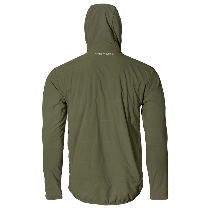 Back view of an olive green hooded jacket with horizontal stitching and a 'FIRST LITE' logo on the upper back.