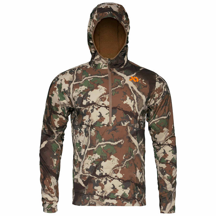 Quilted camouflage hooded pullover jacket with a quarter-zip, orange chest logo, and brown fleece-lined hood.