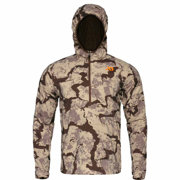 Earth-toned camouflage hooded pullover jacket with a brown quarter-zip, orange chest logo, and dark brown fleece-lined hood.